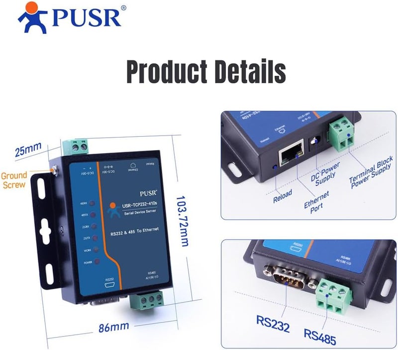 PUSR Edge Computing RS485 RS232 to Ethernet Modbus Gateway Modbus to ethernet Support MQTT SSL/TLS encryption in HTTP Modbus RTU to TCP USR-TCP232-410S-New - Image 3